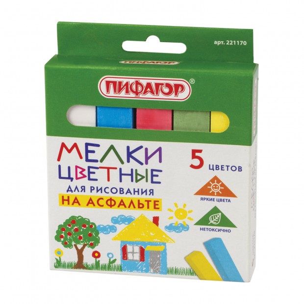 Мел для рисования на асфальте 5 штук, цветной квадратный, ПИФАГОР, картонная упаковка, европодвес, 221170 Мел для рисования на асфальте 5 штук, цветной квадратный, ПИФАГОР, картонная упаковка, европодвес, 221170
