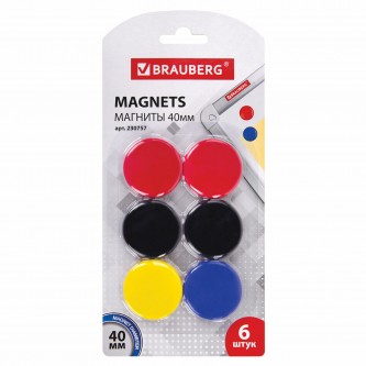 Магниты БОЛЬШОГО ДИАМЕТРА, 40 мм, КОМПЛЕКТ 6 штук, цвет АССОРТИ, в блистере, BRAUBERG, 230757 Магниты БОЛЬШОГО ДИАМЕТРА, 40 мм, КОМПЛЕКТ 6 штук, цвет АССОРТИ, в блистере, BRAUBERG, 230757