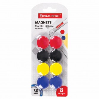 Магниты диаметром 30 мм, КОМПЛЕКТ 8 штук, цвет АССОРТИ, в блистере, BRAUBERG, 230758 Магниты диаметром 30 мм, КОМПЛЕКТ 8 штук, цвет АССОРТИ, в блистере, BRAUBERG, 230758