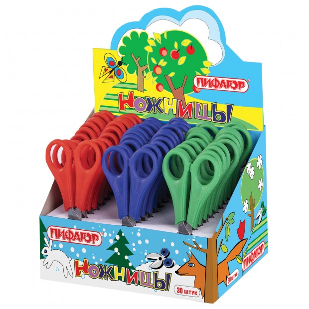 Ножницы ПИФАГОР, 135 мм, с линейкой, ассорти, в дисплее, 230936 Ножницы ПИФАГОР, 135 мм, с линейкой, ассорти, в дисплее, 230936