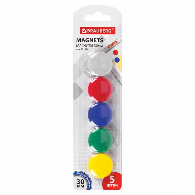 Магниты диаметром 30 мм, КОМПЛЕКТ 5 штук, цвет АССОРТИ, в блистере, BRAUBERG, 231729 Магниты диаметром 30 мм, КОМПЛЕКТ 5 штук, цвет АССОРТИ, в блистере, BRAUBERG, 231729
