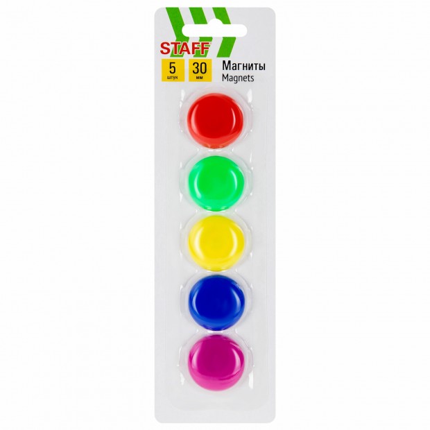 Магниты СРЕДНЕГО ДИАМЕТРА, 30 мм, НАБОР 5 штук, цвет АССОРТИ, в блистере, STAFF Магниты СРЕДНЕГО ДИАМЕТРА, 30 мм, НАБОР 5 штук, цвет АССОРТИ, в блистере, STAFF