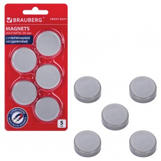 Магниты СУПЕРМОЩНЫЕ НЕОДИМОВЫЕ 30 мм, НАБОР 5 шт., серые, BRAUBERG Магниты СУПЕРМОЩНЫЕ НЕОДИМОВЫЕ 30 мм, НАБОР 5 шт., серые, BRAUBERG