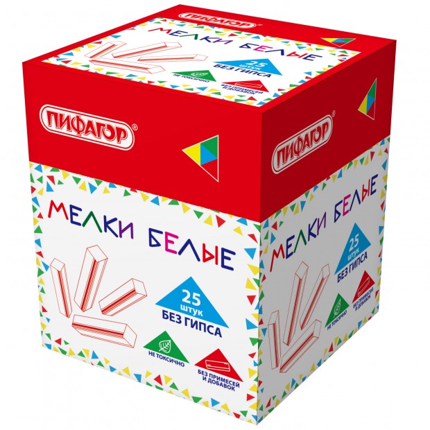 Мел белый БЕЗ ПРИМЕСЕЙ квадратный 25 штук, мягкое письмо, ПИФАГОР, картонная упаковка, 274122
