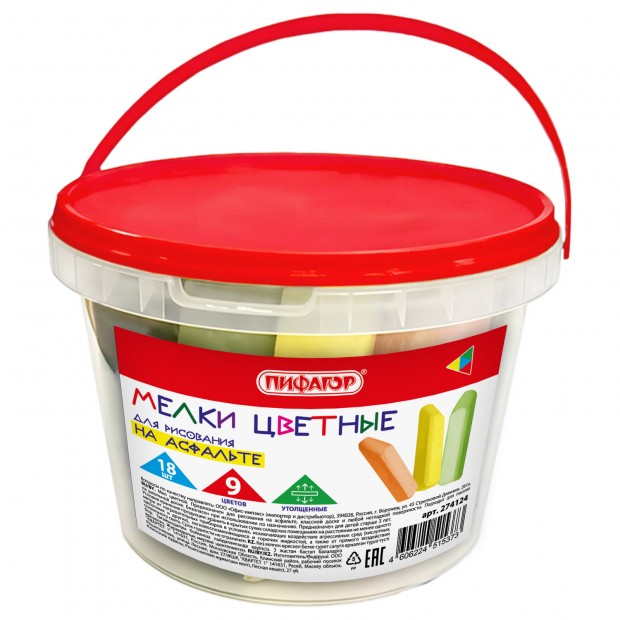 Мел в ведерке для рисования на асфальте 18 штук, ПИФАГОР, цветной квадратный утолщенный, 274124 Мел в ведерке для рисования на асфальте 18 штук, ПИФАГОР, цветной квадратный утолщенный, 274124