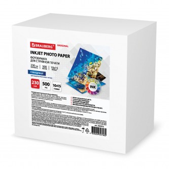 Фотобумага глянцевая, 10х15 см, 230 г/м2, односторонняя, 500 листов, BRAUBERG ORIGINAL, 363973 Фотобумага глянцевая, 10х15 см, 230 г/м2, односторонняя, 500 листов, BRAUBERG ORIGINAL, 363973