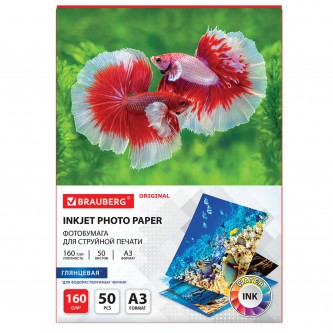 Фотобумага глянцевая БОЛЬШОГО ФОРМАТА, А3, 160 г/м2, односторонняя, 50 листов, BRAUBERG ORGINAL, 363994 Фотобумага глянцевая БОЛЬШОГО ФОРМАТА, А3, 160 г/м2, односторонняя, 50 листов, BRAUBERG ORGINAL, 363994