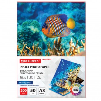 Фотобумага глянцевая БОЛЬШОГО ФОРМАТА, А3, 200 г/м2, односторонняя, 50 листов, BRAUBERG ORIGINAL, 363995 Фотобумага глянцевая БОЛЬШОГО ФОРМАТА, А3, 200 г/м2, односторонняя, 50 листов, BRAUBERG ORIGINAL, 363995
