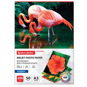 Фотобумага матовая БОЛЬШОГО ФОРМАТА, А3, 200 г/м2, односторонняя, 50 листов, BRAUBERG ORIGINAL, 363996 Фотобумага матовая БОЛЬШОГО ФОРМАТА, А3, 200 г/м2, односторонняя, 50 листов, BRAUBERG ORIGINAL, 363996