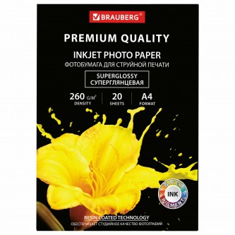 Фотобумага PREMIUM суперглянцевая, А4, 260 г/м2, односторонняя, 20 листов, BRAUBERG, 364004 Фотобумага PREMIUM суперглянцевая, А4, 260 г/м2, односторонняя, 20 листов, BRAUBERG, 364004