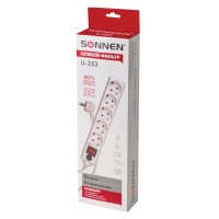 Сетевой фильтр SONNEN U-353, 5 розеток, с заземлением, выключатель, 10 А, 3 м, белый, 511425 Сетевой фильтр SONNEN U-353, 5 розеток, с заземлением, выключатель, 10 А, 3 м, белый, 511425