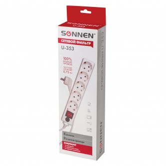 Сетевой фильтр SONNEN U-353, 5 розеток, с заземлением, выключатель, 10 А, 3 м, белый, 511425 Сетевой фильтр SONNEN U-353, 5 розеток, с заземлением, выключатель, 10 А, 3 м, белый, 511425