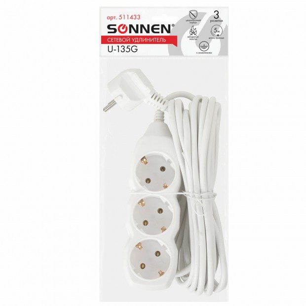Удлинитель сетевой SONNEN U-135G, 3 розетки, c заземлением, 10 А, 5 м, белый, 511433 Удлинитель сетевой SONNEN U-135G, 3 розетки, c заземлением, 10 А, 5 м, белый, 511433