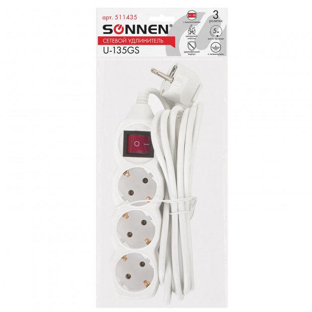 Удлинитель сетевой SONNEN U-135GS, 3 розетки, c заземлением, выключатель, 10 А, 5 м, белый, 511435 Удлинитель сетевой SONNEN U-135GS, 3 розетки, c заземлением, выключатель, 10 А, 5 м, белый, 511435