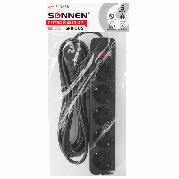 Сетевой фильтр SONNEN SPB-505, 5 розеток с заземлением, выключатель, 10 А, 5 м, черный, 513658 Сетевой фильтр SONNEN SPB-505, 5 розеток с заземлением, выключатель, 10 А, 5 м, черный, 513658