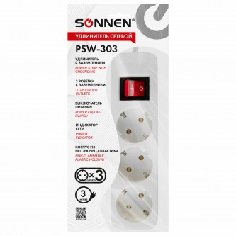 Удлинитель сетевой SONNEN PSW-303, 3 розетки c заземлением, выключатель 10 А, 3 м, белый, 513660 Удлинитель сетевой SONNEN PSW-303, 3 розетки c заземлением, выключатель 10 А, 3 м, белый, 513660