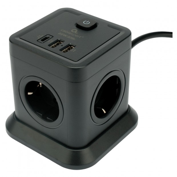 Сетевой фильтр CABLEXPERT Tower, 4 розетки, 10 А, 1 x Type-C PD, 20 Вт, 2 х USB, 2 м, черный, TWR-4-CU2-B-2