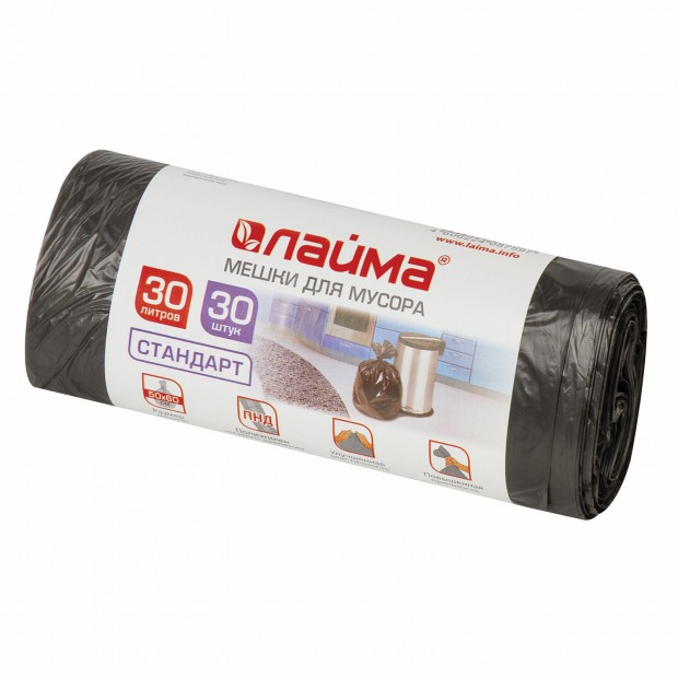 Мешки для мусора 30 л черные в рулоне 30 шт., ПНД 8 мкм, 50х60 см, LAIMA стандарт, 601377 Мешки для мусора 30 л черные в рулоне 30 шт., ПНД 8 мкм, 50х60 см, LAIMA стандарт, 601377