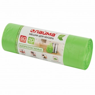 Мешки для мусора биоразлагаемые 60 л зеленые в рулоне 20 шт. прочные, ПНД 15 мкм, 60х70 см, LAIMA, 601401 Мешки для мусора биоразлагаемые 60 л зеленые в рулоне 20 шт. прочные, ПНД 15 мкм, 60х70 см, LAIMA, 601401