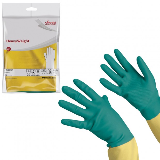 Перчатки МНОГОРАЗОВЫЕ латексные VILEDA, х/б напыление, СВЕРХПРОЧНЫЕ (неопрен), размер M (средний), зелено-желтый, вес 120 г, 174305