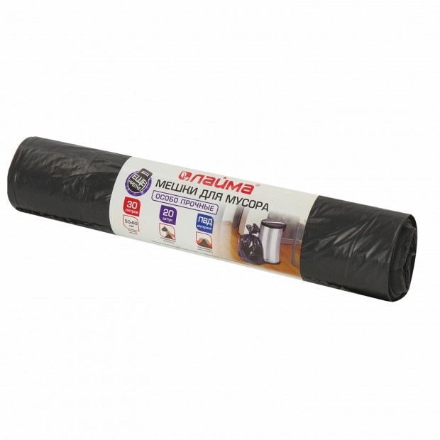 Мешки для мусора 30 л, черные, в рулоне 20 шт., особо прочные, ПВД 20 мкм, 50х60 см, LAIMA, 605330 Мешки для мусора 30 л, черные, в рулоне 20 шт., особо прочные, ПВД 20 мкм, 50х60 см, LAIMA, 605330