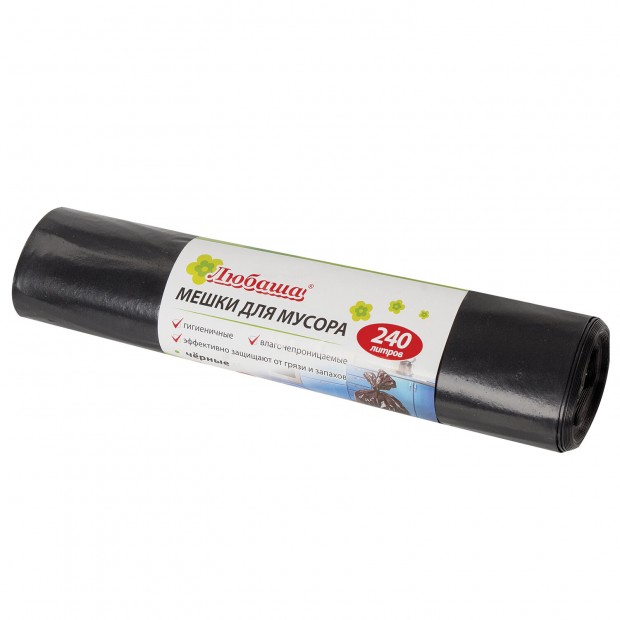 Мешки для мусора 240 л, черные, в рулоне 5 шт., ПВД 30 мкм, 90х130 см, ЛЮБАША эконом, 605338 Мешки для мусора 240 л, черные, в рулоне 5 шт., ПВД 30 мкм, 90х130 см, ЛЮБАША эконом, 605338
