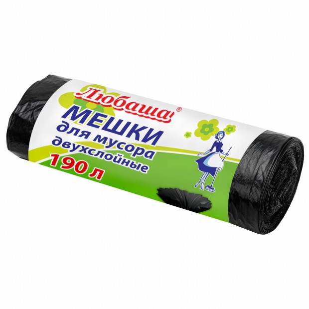 Мешки для мусора 190 л черные в рулоне 10 шт., ПВД 23 мкм, 90х120 см, ЛЮБАША 