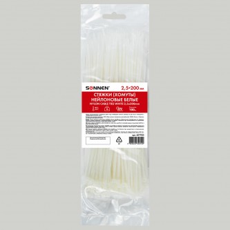 Стяжка (хомут) нейлоновая сверхпрочная POWER LOCK, 2,5х200 мм, КОМПЛЕКТ 100 шт., белая, SONNEN, 607920 Стяжка (хомут) нейлоновая сверхпрочная POWER LOCK, 2,5х200 мм, КОМПЛЕКТ 100 шт., белая, SONNEN, 607920