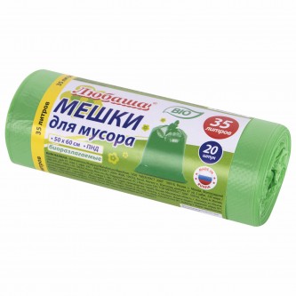 Мешки для мусора биоразлагаемые 35 л, зеленые, рулон 20 шт., ПНД 11 мкм, 50х60 см, ЛЮБАША, 608098 Мешки для мусора биоразлагаемые 35 л, зеленые, рулон 20 шт., ПНД 11 мкм, 50х60 см, ЛЮБАША, 608098