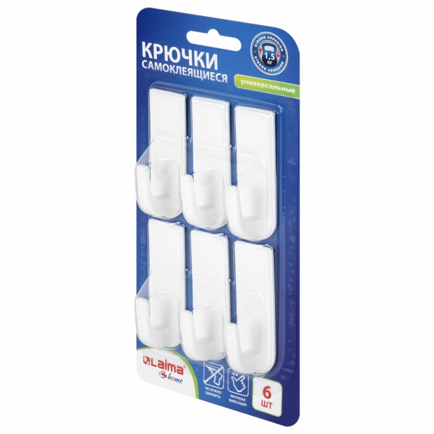 Крючки самоклеящиеся универсальные 6,6х2,1 см, КОМПЛЕКТ 6 шт., белые, LAIMA Home, 608793 Крючки самоклеящиеся универсальные 6,6х2,1 см, КОМПЛЕКТ 6 шт., белые, LAIMA Home, 608793