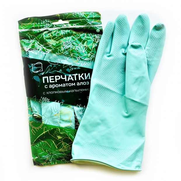 Перчатки МНОГОРАЗОВЫЕ латексные с ароматом АЛОЭ зеленые, хлопчатобумажное напыление, размер M (средний), вес 58 г, КП, 139597 Перчатки МНОГОРАЗОВЫЕ латексные с ароматом АЛОЭ зеленые, хлопчатобумажное напыление, размер M (средний), вес 58 г, КП, 139597