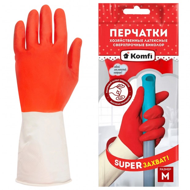 Перчатки МНОГОРАЗОВЫЕ латексные БИКОЛОР ПРОЧНЫЕ, бело-красные, размер M (средний), вес 70 г, Komfi, ADM, 25813 Перчатки МНОГОРАЗОВЫЕ латексные БИКОЛОР ПРОЧНЫЕ, бело-красные, размер M (средний), вес 70 г, Komfi, ADM, 25813