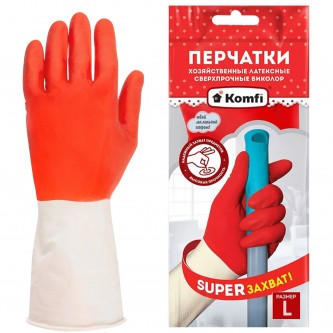 Перчатки МНОГОРАЗОВЫЕ латексные БИКОЛОР ПРОЧНЫЕ, бело-красные, размер L (большой), вес 72 г, Komfi, ADM, 25814 Перчатки МНОГОРАЗОВЫЕ латексные БИКОЛОР ПРОЧНЫЕ, бело-красные, размер L (большой), вес 72 г, Komfi, ADM, 25814