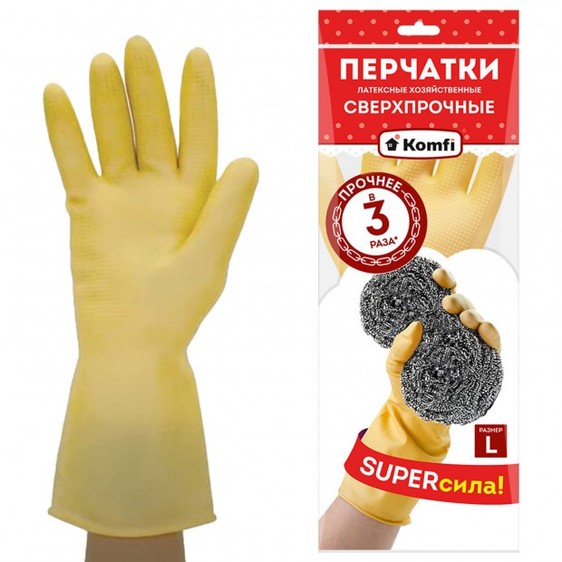 Перчатки МНОГОРАЗОВЫЕ латексные SUPER СИЛА СВЕРХПРОЧНЫЕ, бежевые, размер L (большой), вес 98 г, Komfi, ADM, 20074 Перчатки МНОГОРАЗОВЫЕ латексные SUPER СИЛА СВЕРХПРОЧНЫЕ, бежевые, размер L (большой), вес 98 г, Komfi, ADM, 20074