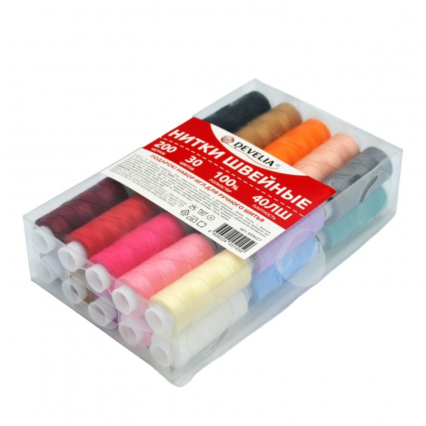 Нитки швейные 40ЛШ 200 м, полиэстер, НАБОР 30 цветов, в ПОДАРОК набор игл, DEVELIA (Девелиа), 609627 Нитки швейные 40ЛШ 200 м, полиэстер, НАБОР 30 цветов, в ПОДАРОК набор игл, DEVELIA (Девелиа), 609627