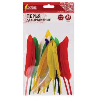 Перья декоративные прямые, 10-15 см, 24 шт., 6 цветов, яркие, ассорти, ОСТРОВ СОКРОВИЩ, 661380 Перья декоративные прямые, 10-15 см, 24 шт., 6 цветов, яркие, ассорти, ОСТРОВ СОКРОВИЩ, 661380