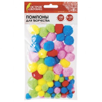 Помпоны для творчества, ассорти, 5 цветов, 8 мм/15 мм/25 мм, 100 шт., ОСТРОВ СОКРОВИЩ, 661436 Помпоны для творчества, ассорти, 5 цветов, 8 мм/15 мм/25 мм, 100 шт., ОСТРОВ СОКРОВИЩ, 661436