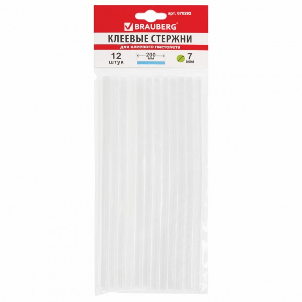 Клеевые стержни, диаметр 7 мм, длина 200 мм, прозрачные, комплект 12 шт., BRAUBERG, европодвес, 670292 Клеевые стержни, диаметр 7 мм, длина 200 мм, прозрачные, комплект 12 шт., BRAUBERG, европодвес, 670292