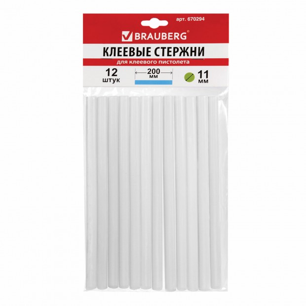 Клеевые стержни, диаметр 11 мм, длина 200 мм, прозрачные, комплект 12 шт., BRAUBERG, европодвес, 670294 Клеевые стержни, диаметр 11 мм, длина 200 мм, прозрачные, комплект 12 шт., BRAUBERG, европодвес, 670294