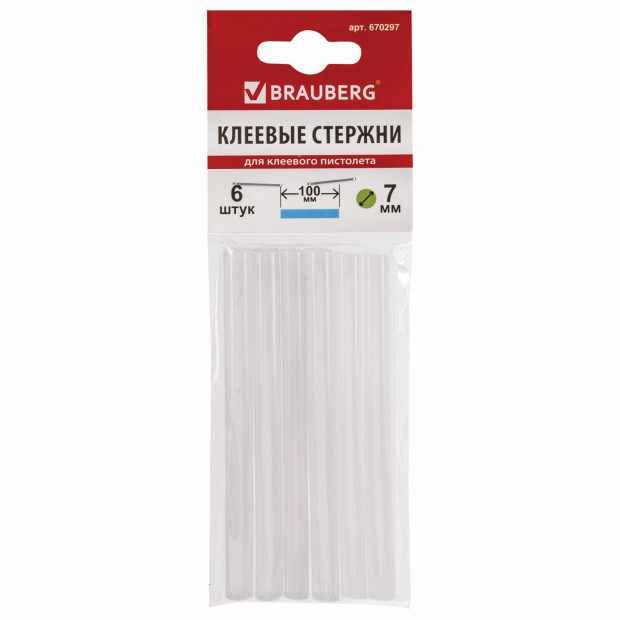 Клеевые стержни, диаметр 7 мм, длина 100 мм, белые, комплект 6 штук, BRAUBERG, европодвес, 670297 Клеевые стержни, диаметр 7 мм, длина 100 мм, белые, комплект 6 штук, BRAUBERG, европодвес, 670297