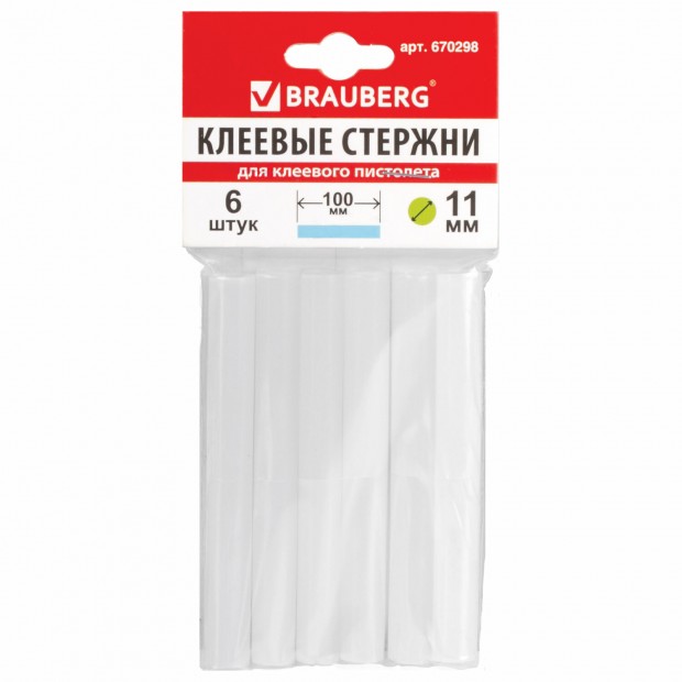 Клеевые стержни, диаметр 11 мм, длина 100 мм, белые, комплект 6 штук, BRAUBERG, европодвес, 670298 Клеевые стержни, диаметр 11 мм, длина 100 мм, белые, комплект 6 штук, BRAUBERG, европодвес, 670298