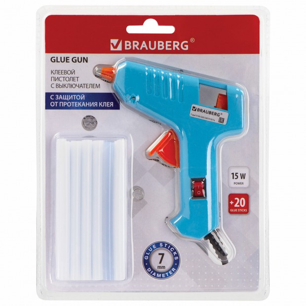 Клеевой пистолет 15 Вт для стержня 7 мм, комплект 20 стержней (10 белых + 10 прозрачных), BRAUBERG, 671052 Клеевой пистолет 15 Вт для стержня 7 мм, комплект 20 стержней (10 белых + 10 прозрачных), BRAUBERG, 671052