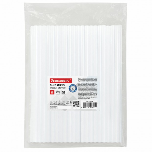Клеевые стержни, диаметр 7 мм, длина 200 мм, прозрачные, 0,5 кг (58 шт.) BRAUBERG, 671054 Клеевые стержни, диаметр 7 мм, длина 200 мм, прозрачные, 0,5 кг (58 шт.) BRAUBERG, 671054
