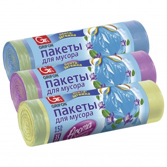 Мешки для мусора с завязками Арома 35л в рулоне 15шт, ассорти, ПНД, 53х56см, 9мкм, GRIFON, ШК0842, 101-084 Мешки для мусора с завязками Арома 35л в рулоне 15шт, ассорти, ПНД, 53х56см, 9мкм, GRIFON, ШК0842, 101-084
