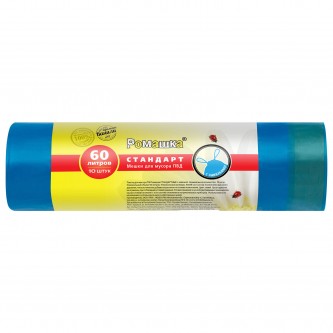 Мешки для мусора с завязками 60л синие, в рулоне 10шт, ПВД 25 мкм, 60х68 см, РОМАШКА,, ЗВС6010С