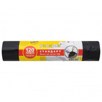 Мешки для мусора с завязками 120л черные в рулоне 10шт ПВД 30мкм, 90х110 см РОМАШКА,, ЗВС-120/10/12/Ч