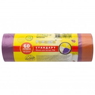 Мешки для мусора с завязками 60л фиолетовые в рулоне 10шт, ПВД 25 мкм, 60х68 см, РОМАШКА, ЗВС6010Ф Мешки для мусора с завязками 60л фиолетовые в рулоне 10шт, ПВД 25 мкм, 60х68 см, РОМАШКА, ЗВС6010Ф