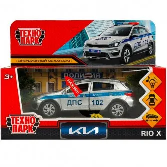 МодельKIA RIO X ПОЛИЦИЯ 12 см, двери, багажник, инерция, серебро, Технопарк в коробке