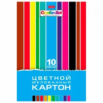 Картон цветной А4 МЕЛОВАННЫЙ, 10 листов 10 цветов, в папке, HATBER, 195х280 мм, 